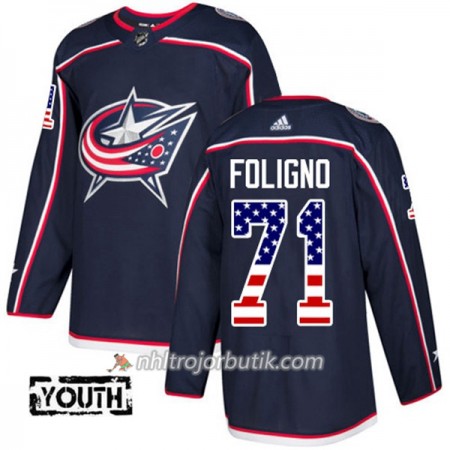 Barn Ishockey Blue Jackets Tröja Nick Foligno 71 Adidas 2017-2018 Marinblå USA Flag Fashion Authentic